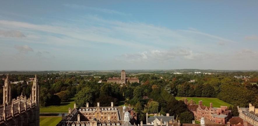 Aerial view of University and College grounds, looking towards the University Library.